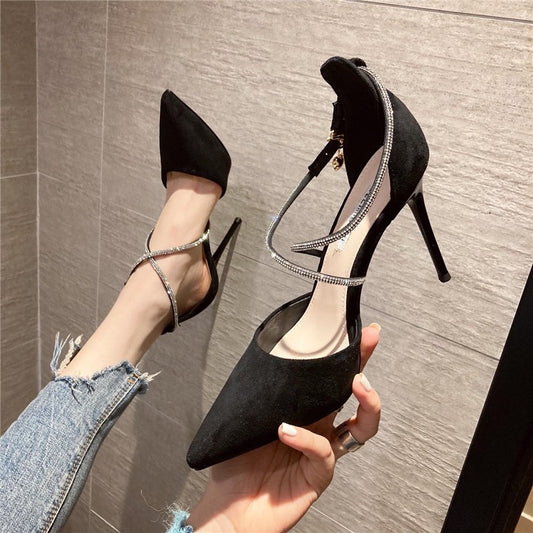 2022 summer Versatile new pattern sexy Pointed shoes Internet celebrity French high-heeled shoes female Fine heel rhinestone Hollow Single shoes