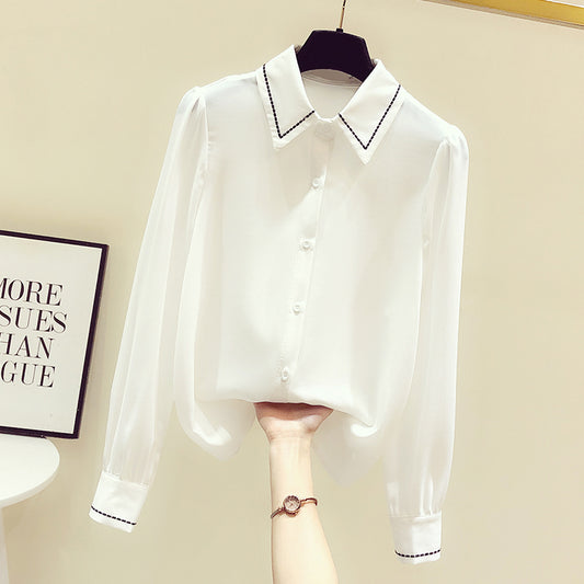 Retro Hong Kong flavor Chiffon white shirt ma'am Versatile Long sleeve jacket 2022 early spring new pattern Design sense niche