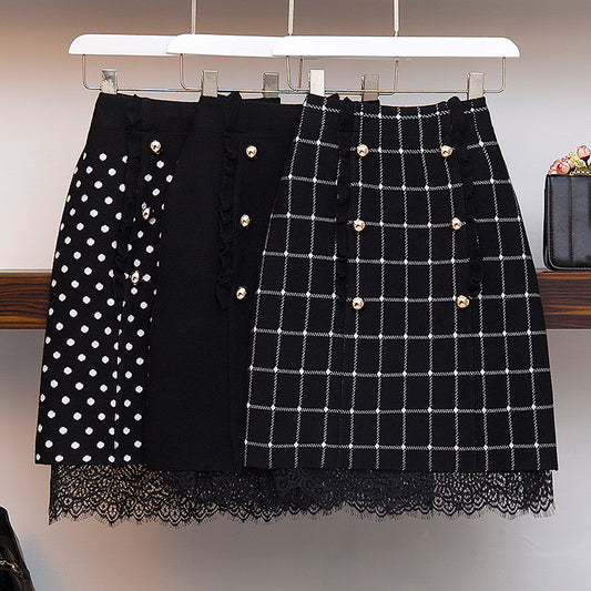 double-breasted Lace stitching skirt 2021 Autumn and winter new pattern High waist Cover your belly Show thin knitting A word Chinese style skirt