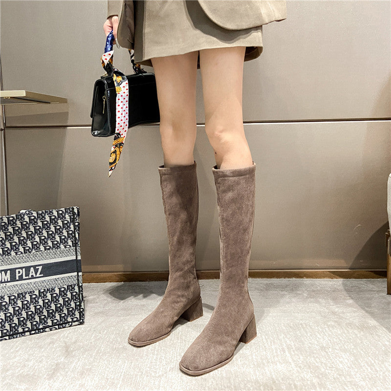 Below the knee Boots female 2021 new pattern Versatile Suede Elastic boots high-heeled Square head little chap long and tube-shaped High tube Boots